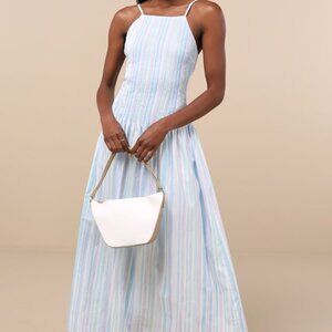Lulus Jalessa Light Blue Multi Striped Drop Waist Midi Dress - Size XS
